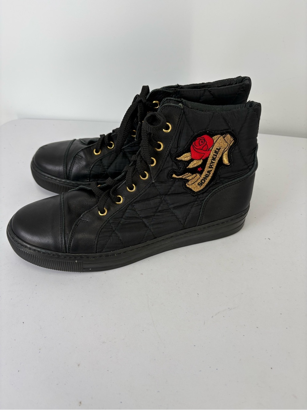 🛞 Sonia Rykiel Paris Black Quilted High-Top Sneakers with Red Rose Patch